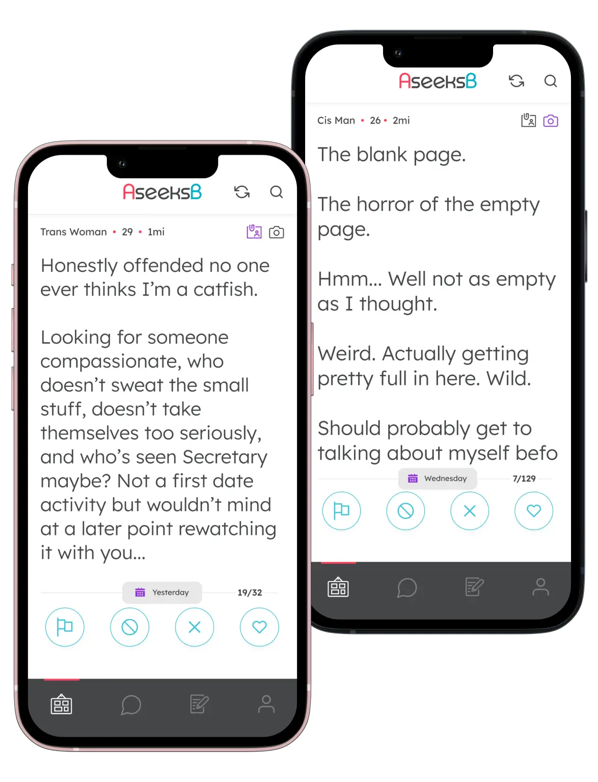 AseeksB app interface showing personal ads